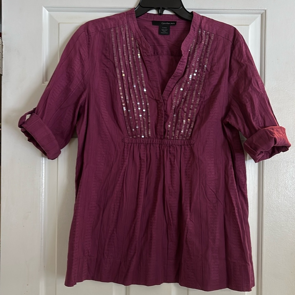 Calvin Klein Jeans blouse purple with sequins roll up sleeves XL